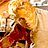 Pixelated static image of a figure in red clothing against warm-toned background with visible dithering and color bleeding.