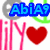 Pixelated icon with blue text 'AbiA9', pink 'iMY', and red heart symbol on white background with gray and green accents.