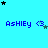 Pixelated blue background with repeated 'ASHIEy <3' text and scattered black/light-blue stars in a pattern