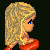 Pixelated character with blonde hair in orange outfit, standing against dark background with red text repeating 'shake that thang' below.