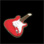 Red electric guitar with white pickguard and brown neck on black background, shown in six of animation