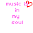 Pixelated text 'music is in my soul' with a red heart symbol replacing the word 'is', displayed on white background.