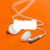 Pixelated orange background with white and light gray earbuds and a white rectangular shape.