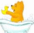 A Winnie the Pooh cartoon character in a bathtub with yellow rubber duck, surrounded by text fragments on black background.