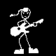 Six white pixel-art stick figures playing guitars on black background, each with distinct head and guitar positions.