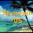 A pixelated beach scene with palm trees, ocean waves, and a sky background featuring the text 'Summer '05' in different colors across four