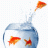 Pixelated static image of a blue fishbowl containing two orange fish, one larger and one smaller, with the larger fish jumping out of the bowl.