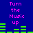Blue background with pink text reading "Turn the Music up" and green audio equalizer bars in two vertical , each bar changing height across frames