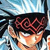 Pixelated anime-style character with dark hair and a red spiral pattern on the forehead, set against a blue sky background.