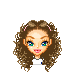 Pixelated cartoon head with curly brown hair, pink barrettes, blue eyes, and a white shirt showing two expressions: open-eyed smiling and closed-eyed smiling.