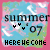 identical square icons with pink borders, each showing 'summer 07' text above a cartoon character and 'HEREHECOME' below on a blue sky background