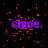 Purple text 'chloe' on black background with scattered pink pixel fragments, five instances arranged in two , rightmost bottom instance partially obscured by gray rectangle