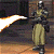 Pixelated character in medieval armor holding a sword with glowing effect, standing on wooden floor against stone wall background.