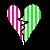 Pixelated heart split into two halves with vertical stripes, pink on left and green on right against black background.