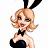 Pixelated cartoon character with bunny ears and black outfit on left, green text logo on right against dark background.