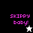 Pixelated text 'SKIPPY baby!' in bright pink on black and white backgrounds with a white star icon on black and black star icon on white.