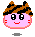 Pixelated pink circular character with brown and black striped hair, red cheeks, and red mouth, displaying four distinct facial expressions