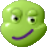 Green pixelated circular face with one eye winking, a purple curved mouth, and two white highlights on the left side.