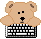 Pixel art contact sheet of a teddy bear mascot interacting with a keyboard across seven animated frames, arranged in 3x3 grid with one empty space on bottom right.