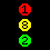 A contact sheet of three pixelated animated frames showing a red, yellow, and green circular icon with a number inside each circle against black background on the left, next to green text reading "Original Icons .com" on dark green background.