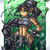 Pixelated character with dark hair and gray armor stands against green foliage background, arms crossed, neutral expression.