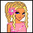 Pixelated cartoon girl with blonde braided hair and blue eyes, wearing a pink top with white stripes against a white background.