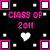 A 3x3 contact sheet of an animated AIM buddy icon featuring "CLASS OF 2011" text, pink and white pixelated squares, hearts, and a black background with gray transparency in the bottom-right corner.
