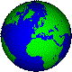 Pixelated globe icons in a showing Earth from different angles with blue oceans and green landmasses against a gray background