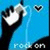 A hand holds a white object against a blue background with heart and text elements.