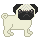 Pixelated pug with cream body, black face mask, and checkered head pattern stands against gray background.