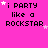 Pixelated text 'i PARTY like a ROCKSTAR' on bright pink background with scattered white stars, some frames show partial gray overlay.