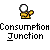 Pixelated character with white circular head and yellow torso, two versions show different arm positions against gray background.