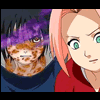 Two anime-style characters with pink and black hair, green eyes, red jackets, and blue collars in a side-by-side composition.