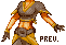 Pixel art character with brown and orange armor, outstretched arms, and a belt buckle; text "PREV." in pixel font below.