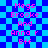 Pixelated text on a blue and cyan checkered background with visible animation effects.