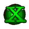 Green circular icon with a stylized X symbol in various animated states, including solid and fragmented forms.