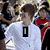 Four- shows a person in various poses with text overlays: white shirt with black rectangle, purple hat with 'love', and 'Justin Bieber' text