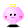 Pixelated pink character with yellow bow, black eyes, and red X cheeks in four variations showing facial expression changes.
