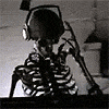 A skeletal figure wearing headphones and a striped shirt, shown in six with varying head angles and background lighting