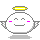 Two pixelated angel icons with white rounded bodies, yellow halos, pink cheeks, and gray wings on a light gray background.