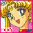 Pixelated anime-style character with blonde hair and blue eyes, wearing pink top with red collar, displaying four variations of facial expression and heart symbol above head.