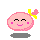 Pixelated pink circular character with yellow bow, displaying multiple facial expressions and accessories