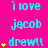 A bright pink background displays cyan text reading 'i love jacob drew!!' with yellow star symbols, arranged in a pattern across multiple and