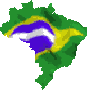 Six of a pixelated map of Brazil with shifting purple and white cloud-like shapes over yellow and green regions