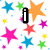 Pixelated star background with four text elements and a smiley face in black outline.