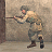 Pixelated figure in beige and brown attire holding a long dark object, standing against a muted background with a vertical dark element on the left.