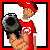 A 4x3 contact sheet of pixel art frames showing a character in red attire with a gun, text elements, and checkered patterns across multiple animation states.