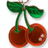 Two red cherries with green stems and leaves, each cherry has a white highlight; text appears sequentially over the cherries.