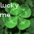Green four-leaf clover with white and green text reading 'lucky me' on a dark green background.
