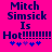 Pixelated text on bright pink background reads "Mitch Simsick Is Hot!!!!!!!!" with blue and purple asterisks below.